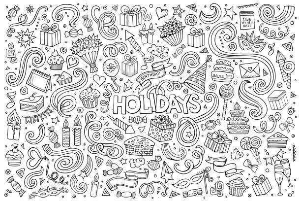 Line art set of holidays object Line art vector hand drawn Doodle cartoon set of holidays objects and symbols hyde park flowers stock illustrations