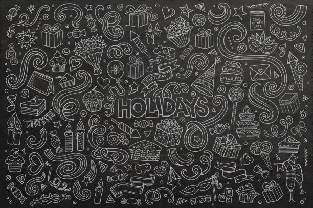 Chalkboard set of holidays objects Chalkboard vector hand drawn Doodle cartoon set of holidays objects and symbols hyde park flowers stock illustrations