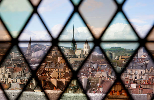 Aerial view on Dijon through old stained glass stock photo