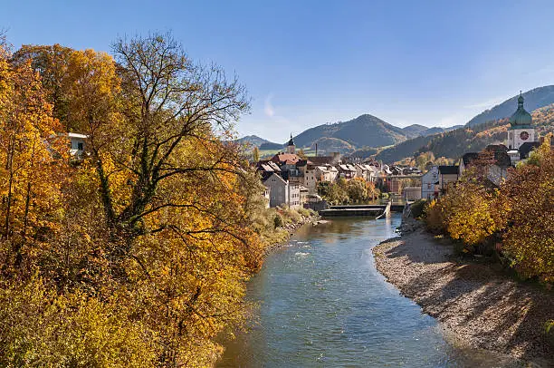 Golden October at the banks of Ybbs river, view to Waidhofen an der Ybbs, Mostviertel region, Lower Austria, Austria, Europe