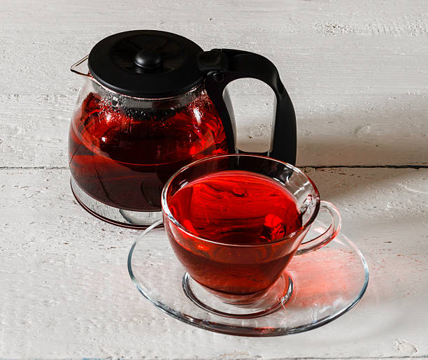 istock Cup of Karkadeh Red Tea and kettle on wooden table 521089452