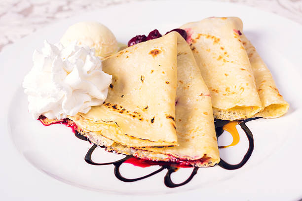 Sweet Pancake with Chocolate Sauce, Cherries and Whipped Cream - Closeup