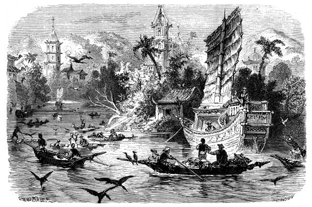 Antique illustration of Chinese fishermen with cormorants