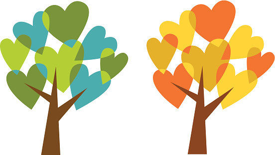 Set of two vector illustrations of conceptual love trees in spring and fall inspired colors.
