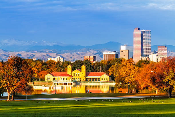 Denver Skyline in Fall from City Park stock photo