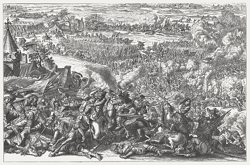 The Battle of Seneffe on August 11, 1674 between the French army under the command of Louis II de Bourbon, Prince de Condé and the Dutch-German-Spanish army under William III of Orange. Wood engraving after a copper engraving from the same year, published in 1881.