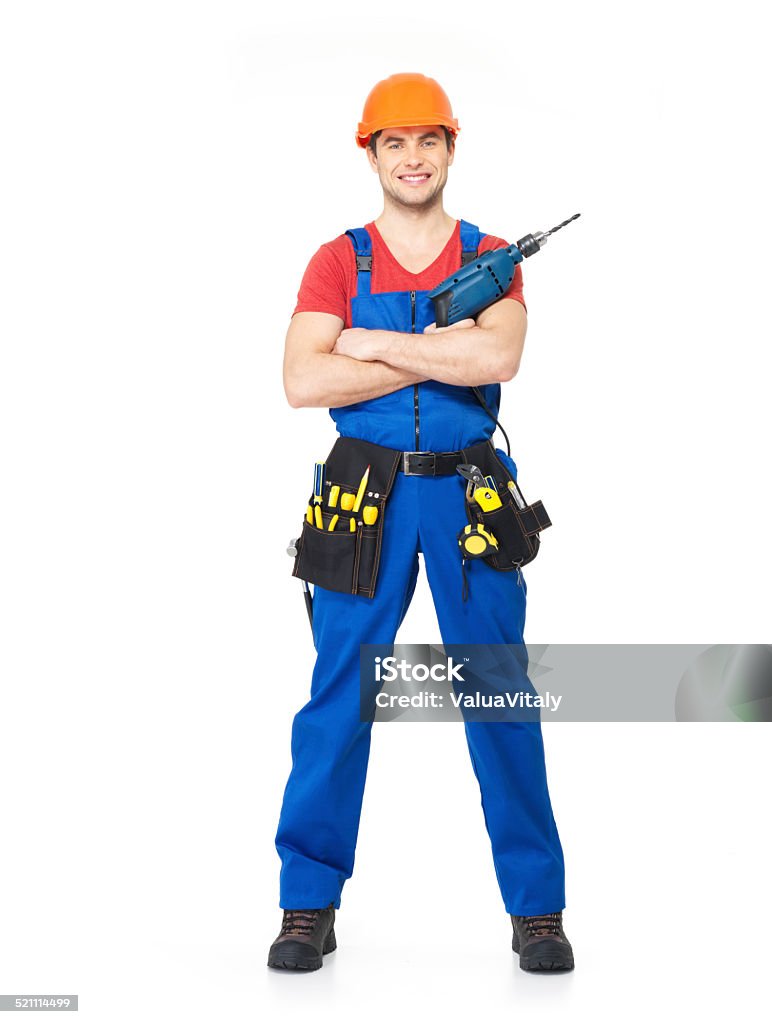 Handyman with tools full portrait isolated Handyman with tool drill and brush  full portrait over white background Adult Stock Photo