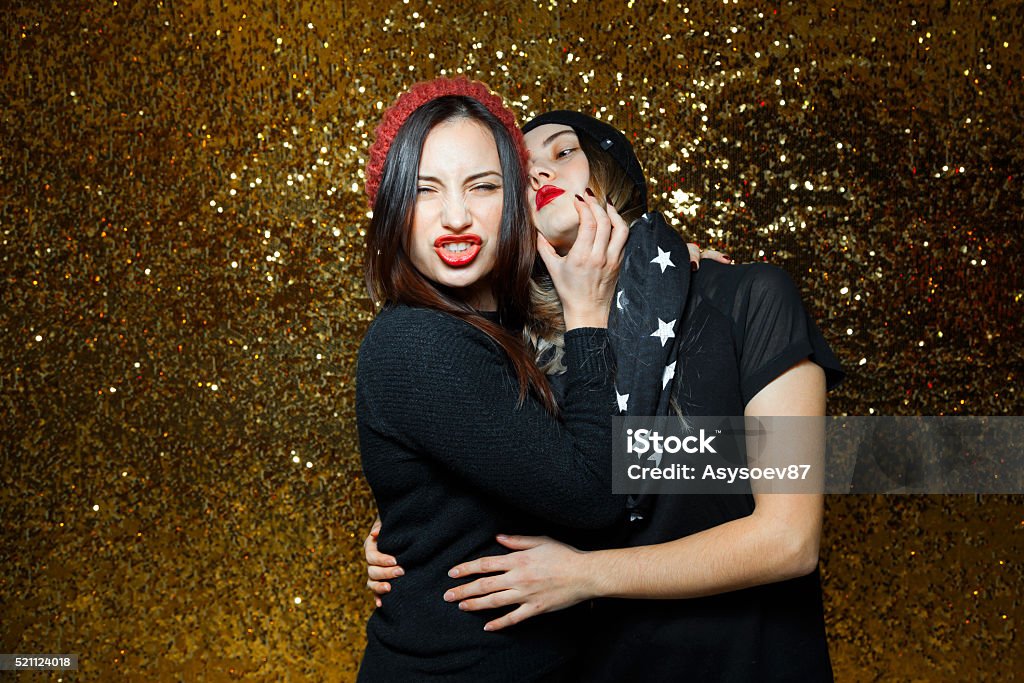 lesbian women dressed black fun night clubs on gold background