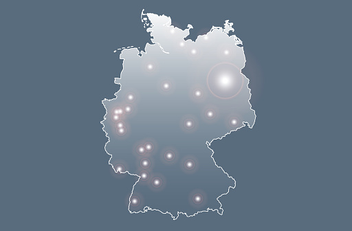 German communication and travelling concept image. Digitally created image. Every glowing point is an German city. 