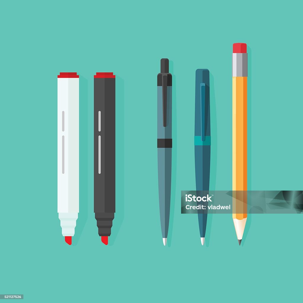 Pens, pencil, markers vector set isolated on green background Pens, pencil, markers vector set isolated on green background, ballpoint pens, lead orange dot pen with red rubber eraser, flat biro pen and pencils, stationery set cartoon illustration design Pen stock vector