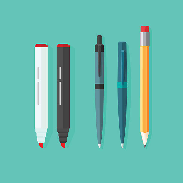 Pens, pencil, markers vector set isolated on green background Pens, pencil, markers vector set isolated on green background, ballpoint pens, lead orange dot pen with red rubber eraser, flat biro pen and pencils, stationery set cartoon illustration design pen illustrations stock illustrations