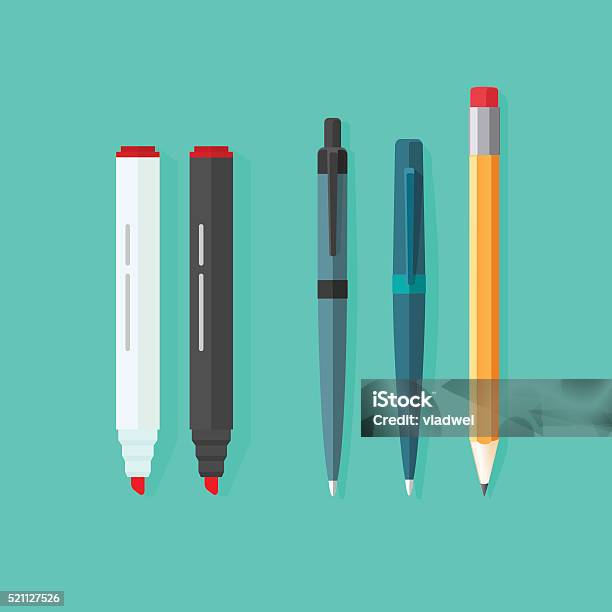 Pens Pencil Markers Vector Set Isolated On Green Background Stock Illustration - Download Image Now