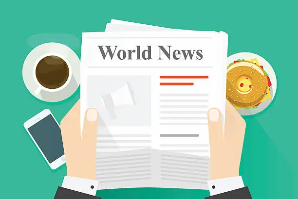 Vector illustration of Business man hands holding newspaper with world news words