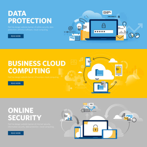 세트 of 평편 꺾은선형 디자인식 웹 배너 데이터 보호 - encryption security network server network security stock illustrations