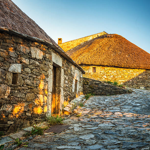 O Cebreiro, Spain. Historic stone huts at sunset