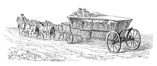 Antique illustration of big 18th century French carriage Antique illustration of the big 18th century French carriage called "Carabas": during the 18th century in France the carabas was a cumbersome sort of mini-bus, carrying up to 24 passengers and used between Paris and Versailles palace. The big four-wheeled cart is horse-powered (with at least six animals) with a driver on one of the horses. The cabin is very big with decoration and posh details as it was the carriage for very rich, aristocratic court people. Two more servant sit on the roof of the cabin palace of versailles stock illustrations