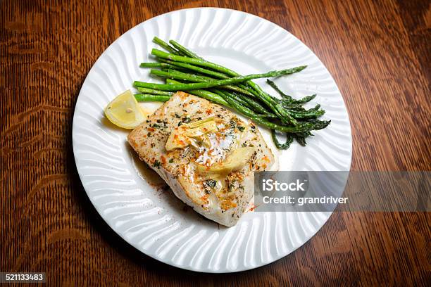 Pan Seared Halibut Stock Photo - Download Image Now - Artichoke, Asparagus, Close-up