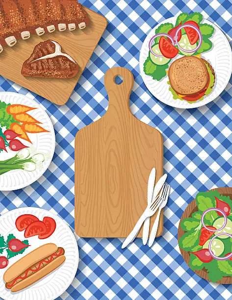 Vector illustration of Checkered Tablecloth With Picnic Flatlay