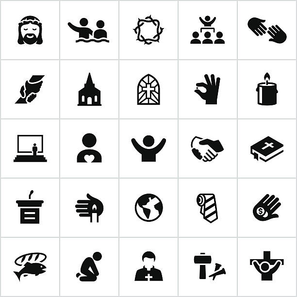 Black Worship Icons Christian, Christianity, faith, worship, belief, religion, praise, God, Christ, Icons, Symbols. All white strokes/shapes are cut from the icons and merged allowing the background to show through. religious symbol stock illustrations
