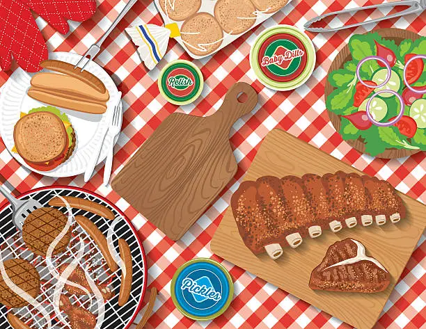 Vector illustration of Checkered Tablecloth With Picnic Flatlay
