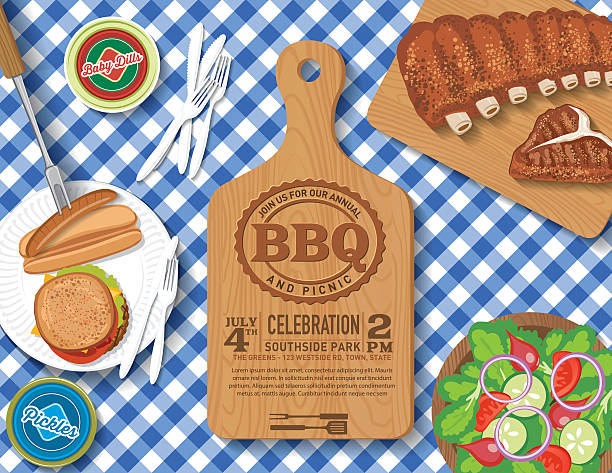Checkered Tablecloth With Picnic Flatlay Invitation Template Invitation template. Aerial view of a picnic bbq meal on a checkered tablecloth. There are many foods ioncluding hotdogs and hamburgers, salad, ribs and much more. There are paper plates and plastic utensils. There is a plain cutting board with text about the event. tablecloth illustrations stock illustrations
