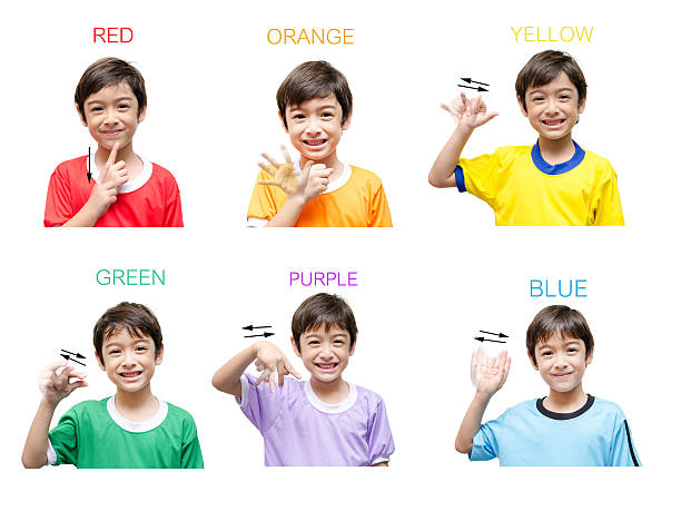 istock Color kid hand sign language on white background 521134137