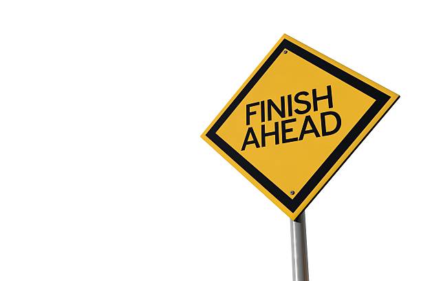 istock Finish ahead yellow highway road sign 521134140