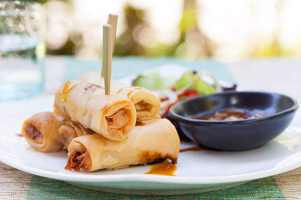 Vietnamese food spring rolls on isolated white background