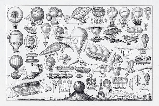illustrazioni stock, clip art, cartoni animati e icone di tendenza di palloncini, dirigibili e delle macchine volanti incisione dal xviii secolo, francia - moto perpetuo