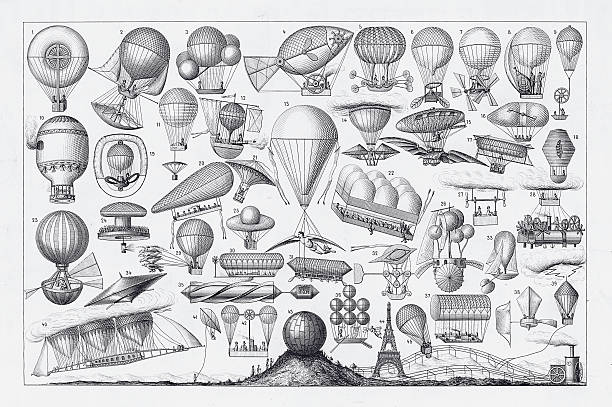 Balloons, Airships and Flying Machines Engraving from 18th Century France Engraved Illustrations of Hot Air Balloon Engraving from the 18th Century in France, Published in 1851. Copyright has expired on this artwork. Digitally restored. perpetual motion machine stock illustrations