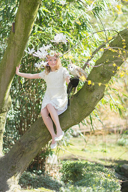 biondo ragazza in con un gufo in un albero di magnolia - child portrait fine art portrait multi colored foto e immagini stock