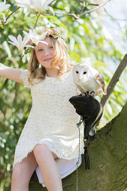 biondo ragazza in con un gufo in un albero di magnolia - child portrait fine art portrait multi colored foto e immagini stock