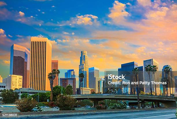 Skyscrapers Of Los Angeles Skyline With Sunset Clouds Ca Stock Photo - Download Image Now