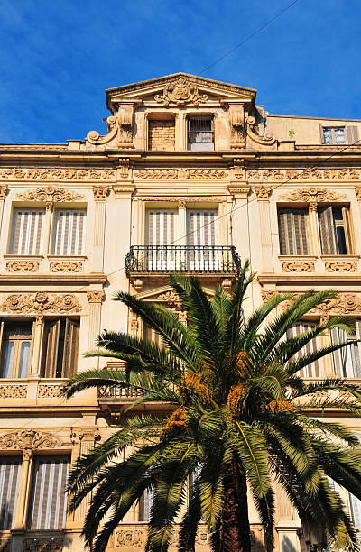 Oran, Algeria: colonial façade Oran, Algeria: ornate 19th century colonial façade and palm tree - boulevard Soummam - photo by M.Torres oran algeria photos stock pictures, royalty-free photos & images