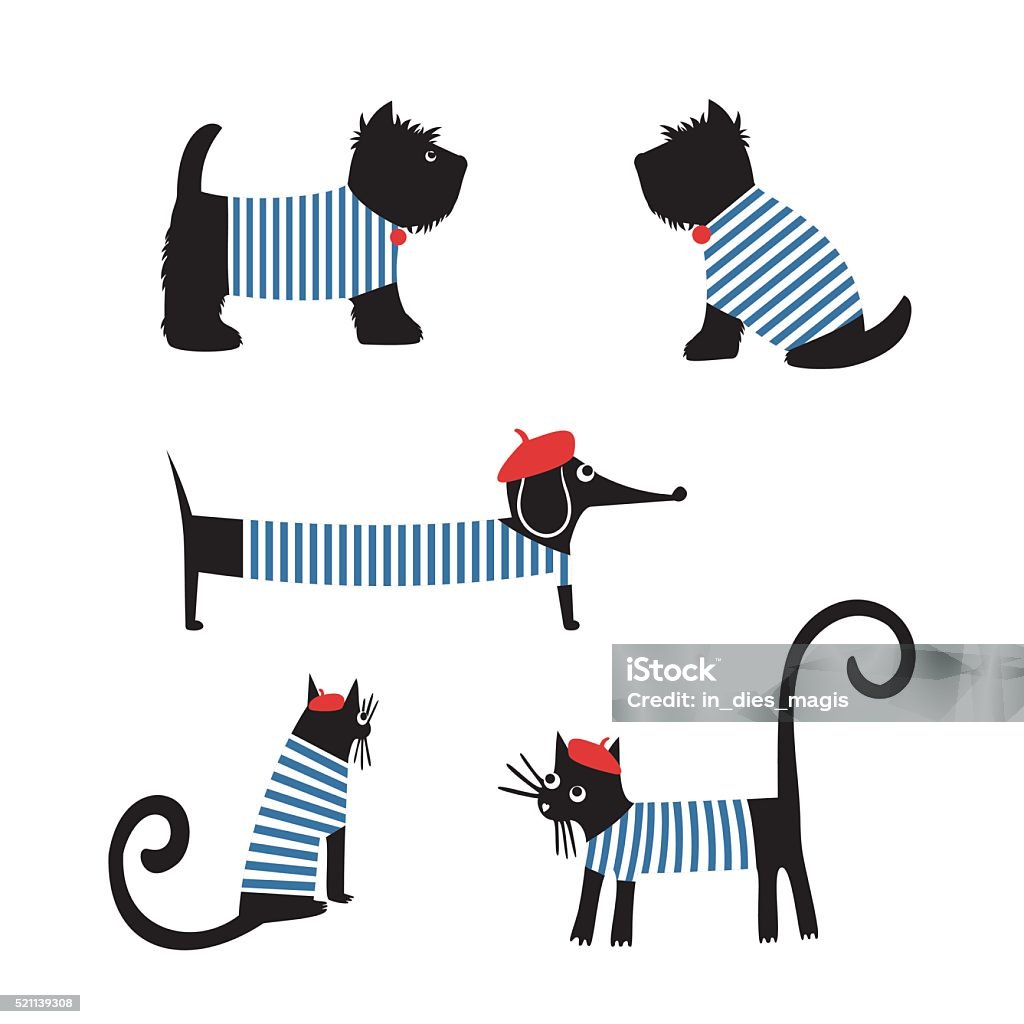 French style animals. Cute cartoon parisian dachshund, cat, scottish terrier. - Royaltyfri Frankrike vektorgrafik