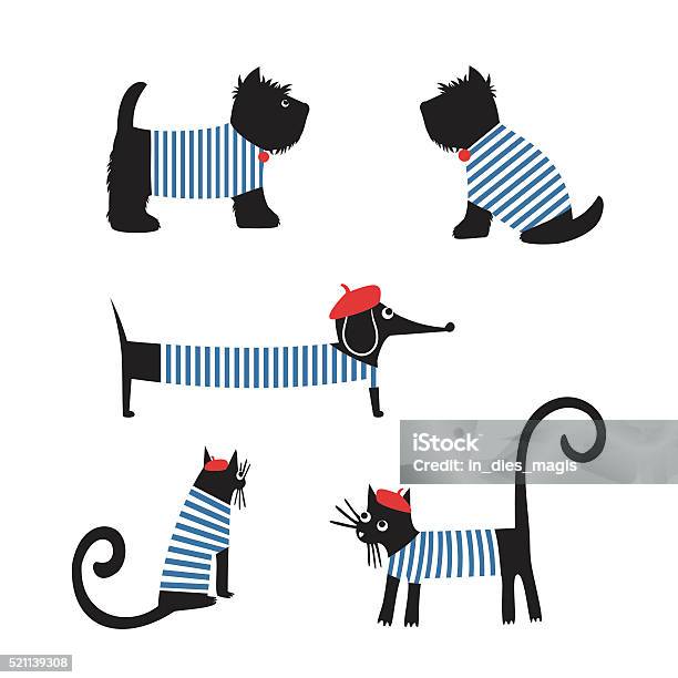 French Style Animals Cute Cartoon Parisian Dachshund Cat Scottish Terrier-vektorgrafik och fler bilder på Frankrike