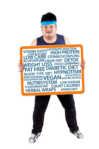 Overweight person holding a board with the list of ways for lose weight