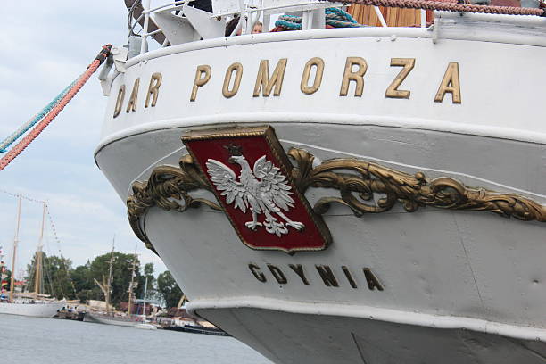 Poland, Gdynia 17th August 2014: Dar Pomorza - a Polish sailing frigate, which is preserved in Gdynia harbour as a museum ship. The White Eagle is the oldest of Poland's national symbols