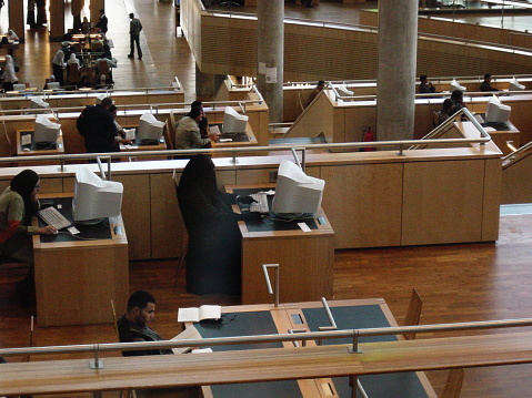 Alexandria, Egypt - March 13, 2003: In the main hall of the library of Alexandria, all women wear headgear. Only the one in the foreground is a traditionally dressed woman who taps even whilst wearing gloves on the keyboard and controls the mouse of the computer,