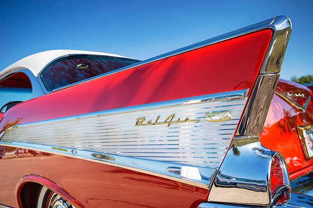 Tail fin of 1957 Chevrolet Bel Air classic car Westlake, Texas, USA - October 18, 2014: Tail fin and taillight details of a red 1957 Chevrolet Bel Air classic car. bel air photos stock pictures, royalty-free photos & images
