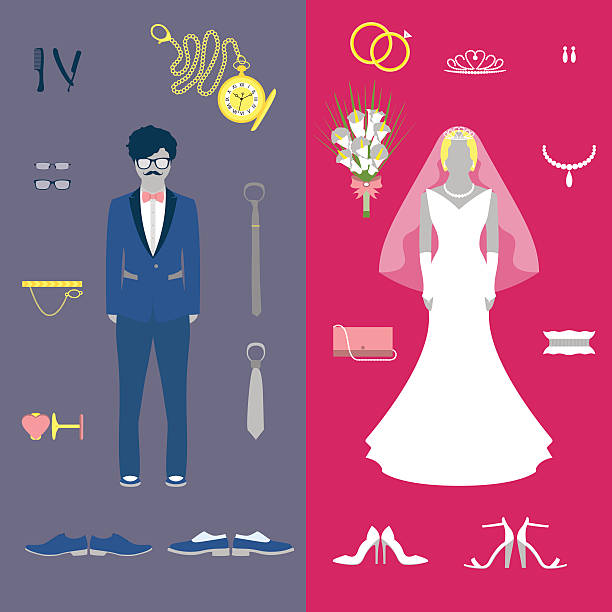 Bride and groom wedding set Wedding set for bride and groom, flat vector illustration vintage garter belt stock illustrations