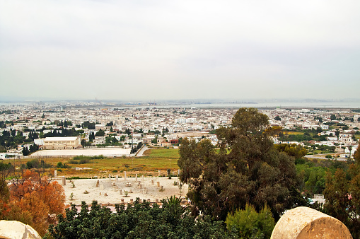 The view from Saint Louis Cathedral of Carthage ruins and the city Cartage, Tunisia
