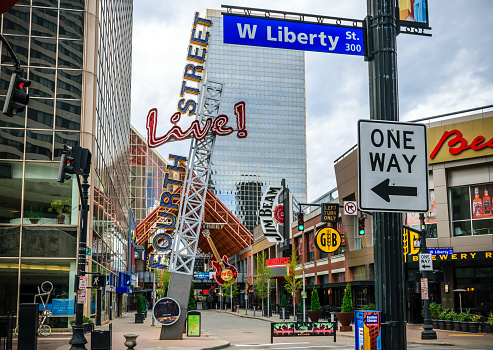 Louisville, Kentucky, USA - April 10, 2016: Fourth Street Live, an entertainment and retail complex located in Louisville Kentucky.