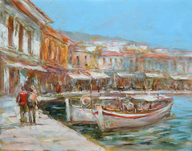istock Boats on the island harbor,handmade painting 521198404