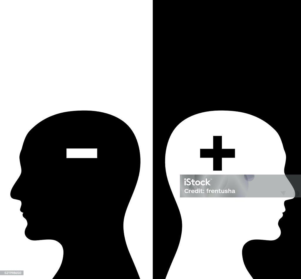 Two humans profiles of white and black colors Contrast concept. Two humans profiles of white and black colors with brains in the plus and minus form. Isolated on black and white backgrounds Adult Stock Photo