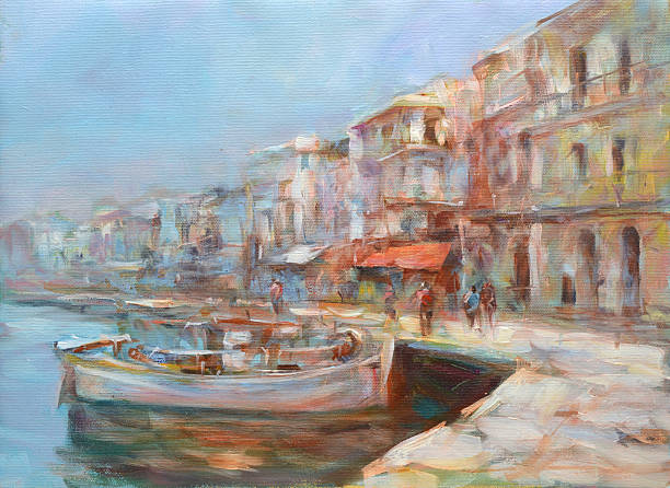 istock Boats on the island harbor,handmade painting 521198954