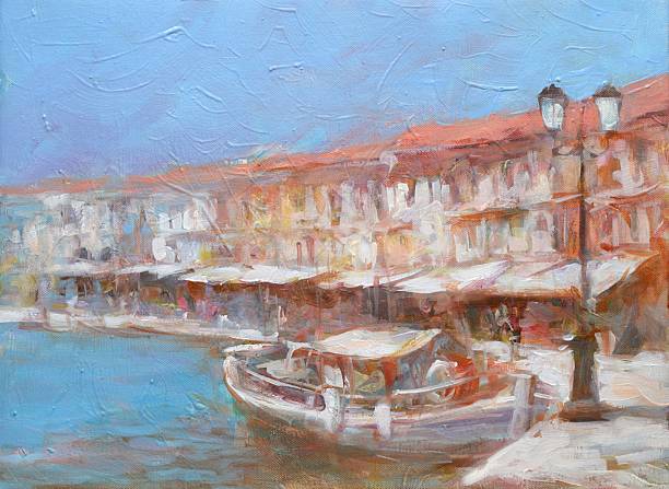 istock Boats on the island harbor,handmade painting 521199004
