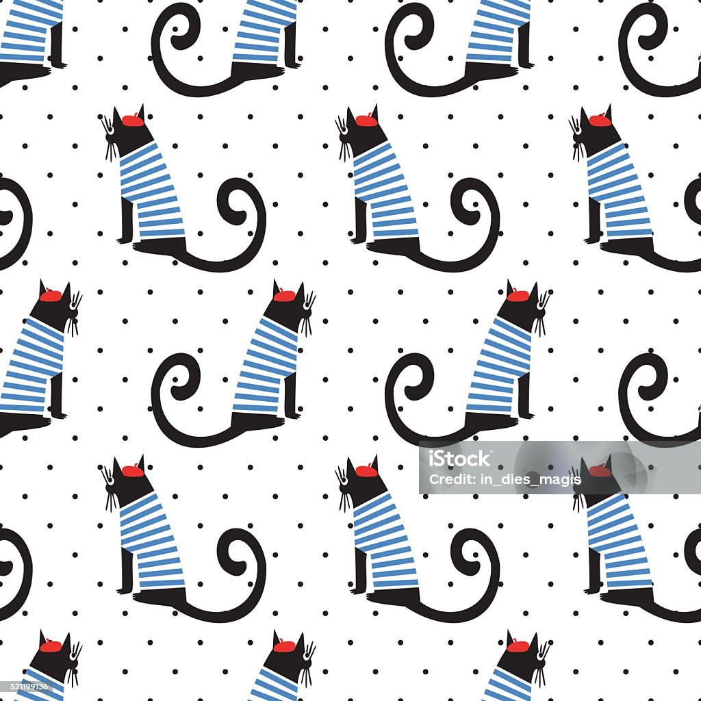 French style cat seamless pattern on polka dots background. French style cat seamless pattern on polka dots background. Cute cartoon sitting cat vector illustration. Child drawing style kitty background. French style dressed cat with beret and striped frock. Animal stock vector