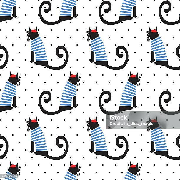 French Style Cat Seamless Pattern On Polka Dots Background Stock Illustration - Download Image Now