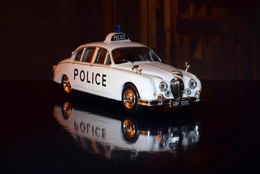 Wodynie, Poland - March 28, 2016: Jaguar Mark II die-cast collection model. This model in original scale was popular vehicle in British police in 60s. The Jaguar Mark II was the fastest police car in UK in 60s.